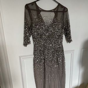Grey beaded & sequins fancy dress, see through sleeves, not too short